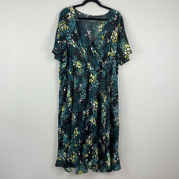 Torrid Midi Bubble Charm Flutter Sleeve Wrap Dress Black Green Plus Size 3X - Picture 1 of 12